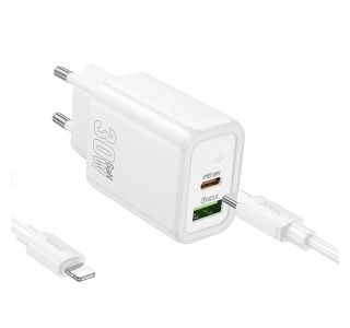 HOCO POLNILEC N63 GAN PD 30W USB-A, TYPE C S KABLOM TYPE C NA LIGHTNING ZA IPHONE - BEL