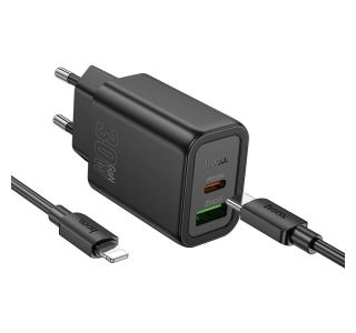 HOCO POLNILEC N63 GAN PD 30W USB-A, TYPE C S KABLOM TYPE C NA LIGHTNING ZA IPHONE - ČRN