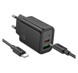 HOCO POLNILEC N63 GAN PD 30W USB-A, TYPE C S KABLOM TYPE C NA TYPE C ZA SAMSUNG - ČRN