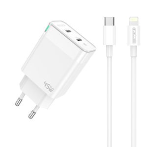JELLICO C106 HIŠNI POLNILEC GAN QC / PD 45W VHOD 2X TYPE C S KABLOM LIGHTNING - ORIGINAL (EU BLISTER) - BEL