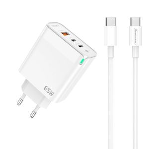 JELLICO HIŠNI POLNILEC ADAPTER C79 220V GUN QUICK CHARGE PD 65W VHOD 1X USB A IN 2X TYPE C - S KABLOM TYPE C NA TYPE C BEL