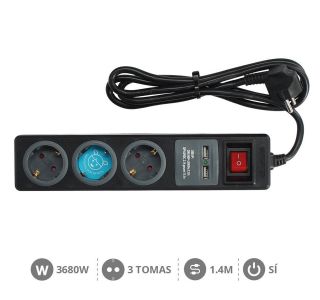 PODALJŠEK GSC TROJNI + STIKALO ČRN 1.4M 2XUSB