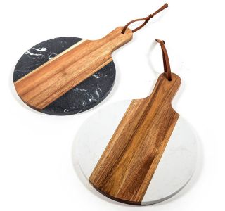 SERVIRNA DESKA 35X25X1.3CM OKROGLA LESENA V KOMB.Z MARMORJEM