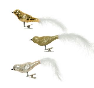 STEKLENA BUNKA DECORIS PTIČEK, ZLAT REP BELO PERJE, 3/1