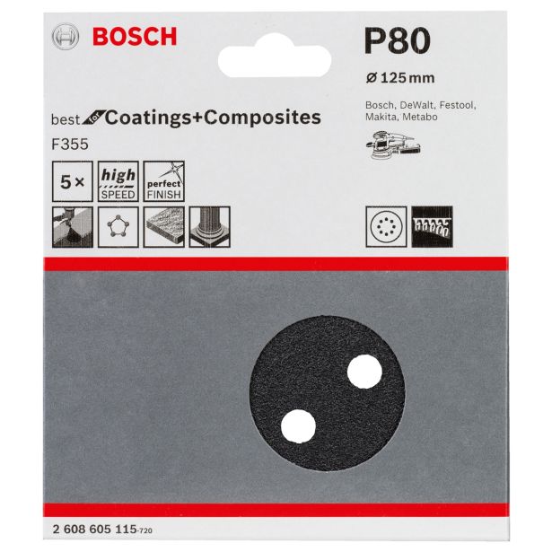 SAMOPRITRILNI BRUSNI DISK BOSCH 5- DELNI SET F355 ČRN 125MM 8 LUKENJ P80