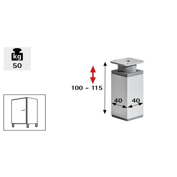 REGULACIJSKA NOGICA ZA POHIŠTVO HETTICH DIY JEKLENA 100-115X40 MM, IZGLED ALUMINIJ