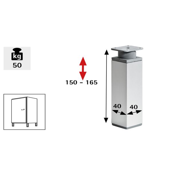 REGULACIJSKA NOGICA ZA POHIŠTVO HETTICH DIY JEKLENA 150-165X40 MM, IZGLED ALUMINIJ