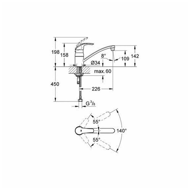 ARMATURA ZA KORITO GROHE EUROSMART, STOJEČA,2 CEVI NIZKA