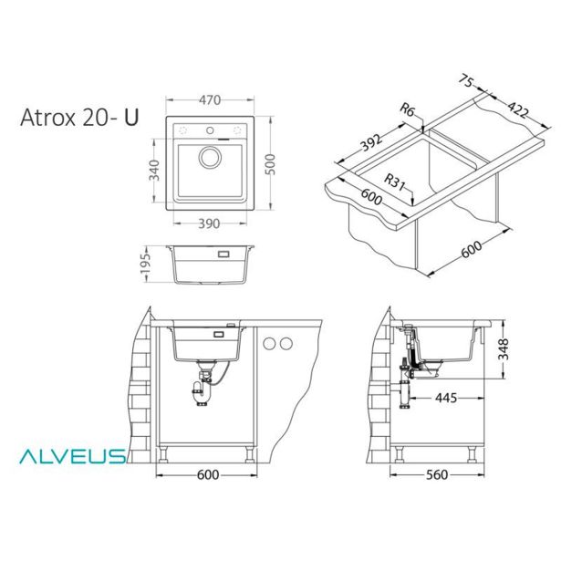 GRANITAL POMIVALNO KORITO ALVEUS ATROX 20, CONCRETE G81 470X500 MM