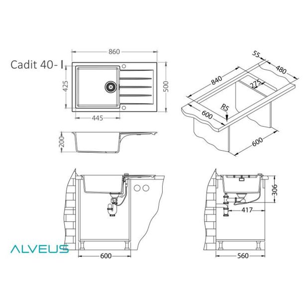 GRANITAL POMIVALNO KORITO ALVEUS CADIT 40, G11 ARCTIC 860X500 MM