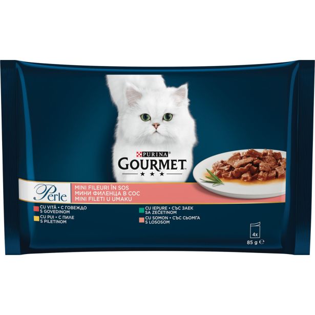 GOURMET PERLE GOV,PIŠČ,ZAJEC,LOSOS 4X85G