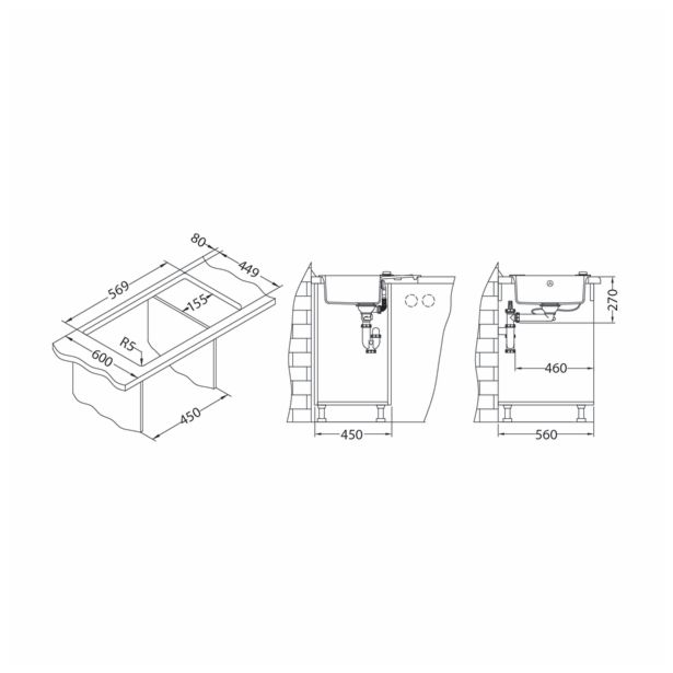 GRANITAL POMIVALNO KORITO ALVEUS ROCK 30, G91 CARBON 595X475 MM