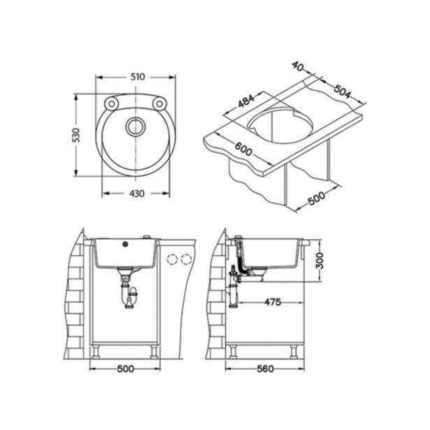 GRANITAL POMIVALNO KORITO ALVEUS ROLL 10, G22 TERRA 510X530 MM