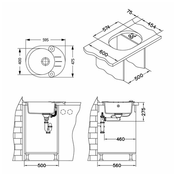 GRANITAL POMIVALNO KORITO ALVEUS ROLL 40, G91 CARBON 595X475 MM