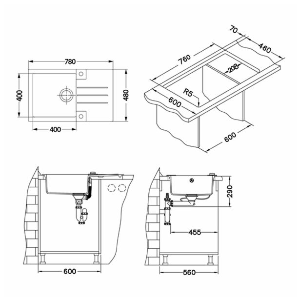 GRANITAL POMIVALNO KORITO KOVINOPLASTIKA LOŽ ROCK 130, G11 ARCTIC 780X480 MM