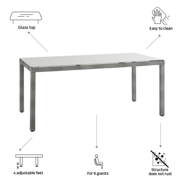 JEDILNA MIZA DAVOS FIX PROTJE-ALU-STEKLO SIVA 90X180X74