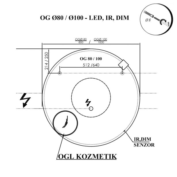 KLASIČNO OGLEDALO KOLPA SAN OG FI80, LED, IR, DIM