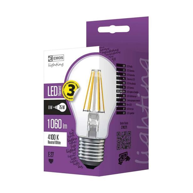 LED ŽARNICA E27 EMOS FLM A60 8W NW FILAMENT