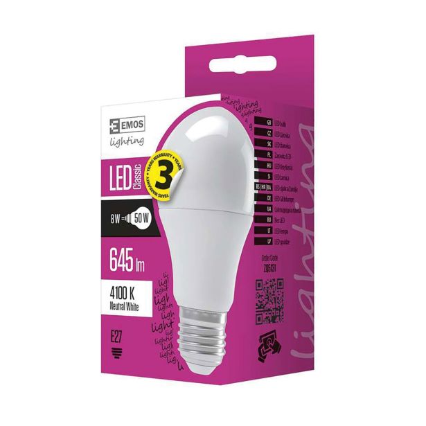 LED ŽARNICA E27 EMOS CLS A60 8W NW