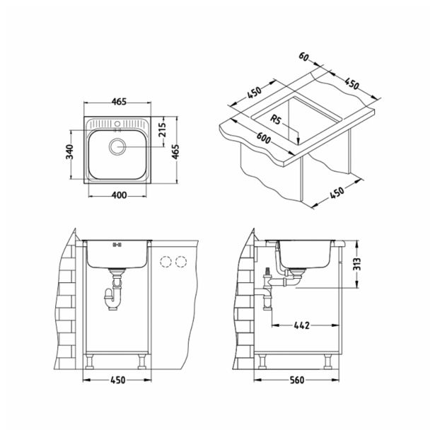 NERJAVNO POMIVALNO KORITO ALVEUS BASIC 140, SATIN 465X465 MM