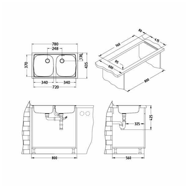 NERJAVNO POMIVALNO KORITO ALVEUS BASIC 160, SATIN 780X435 MM