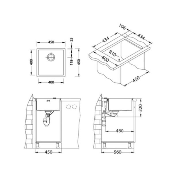 NERJAVNO POMIVALNO KORITO ALVEUS MONARCH QUADRIX 30 ANTHRACITE 450X450 MM