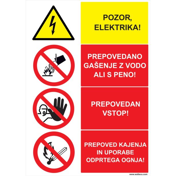 OPOZORILNI ZNAK WALTECO POZOR ELEKTRIKA, PREPOVED KAJENJA, VSTOPA