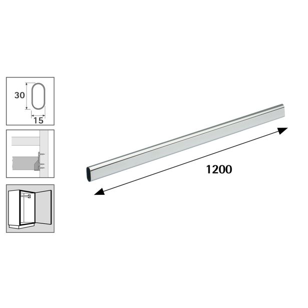 PALICA ZA OMARO HETTICH DIY, OVALNA 15X30X1200 MM, KROM