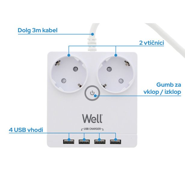 PODALJŠEK- PRENAP.ZAŠČITA WELL EXTS-2S3M, 2X VTIČNICA