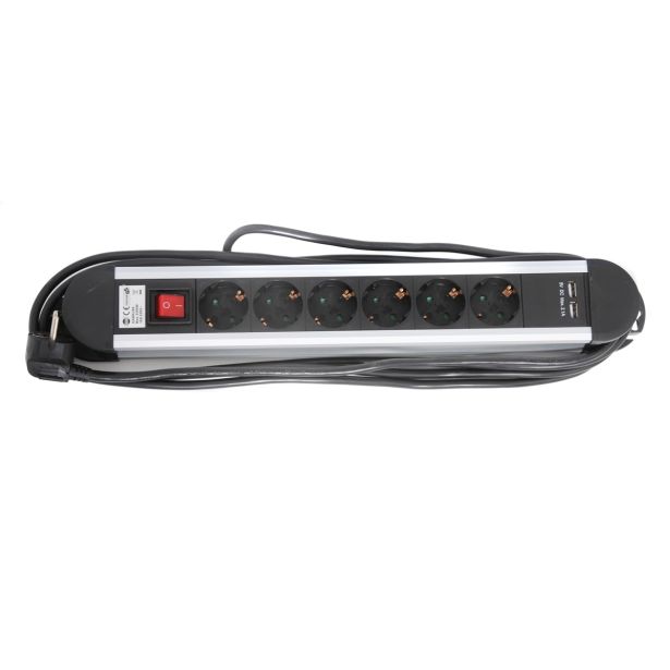PODALJŠEK S STIKALOM EURO M 6 ŠUKO + 2 USB VTIČNI 4M H05VV-F 3G1.5 PVC ČRN ALU