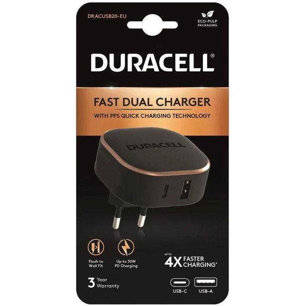 POLNILNIK ZA GSM DURACELL PD 30 W USB-A + USB-C PPS ČRN