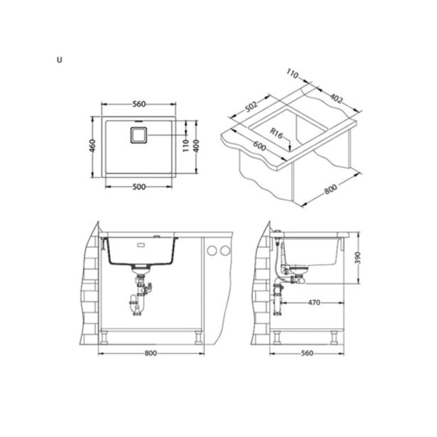GRANITAL POMIVALNO KORITO ALVEUS QUADRIX 50, G04M STEEL 560X460 MM