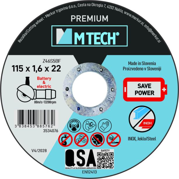 REZALNA PLOŠČA ZA RF MTECH 115X1.6X22 PREMIUM INOX, JEKLO