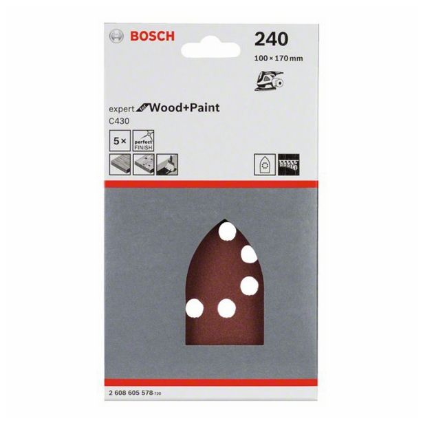 5-DELNI SET SAMOPRITRDILNIH BRUSNIH LISTOV BOSCH 100X160 MM K240 8 LUKENJ RDEČA BARVA ZA LES