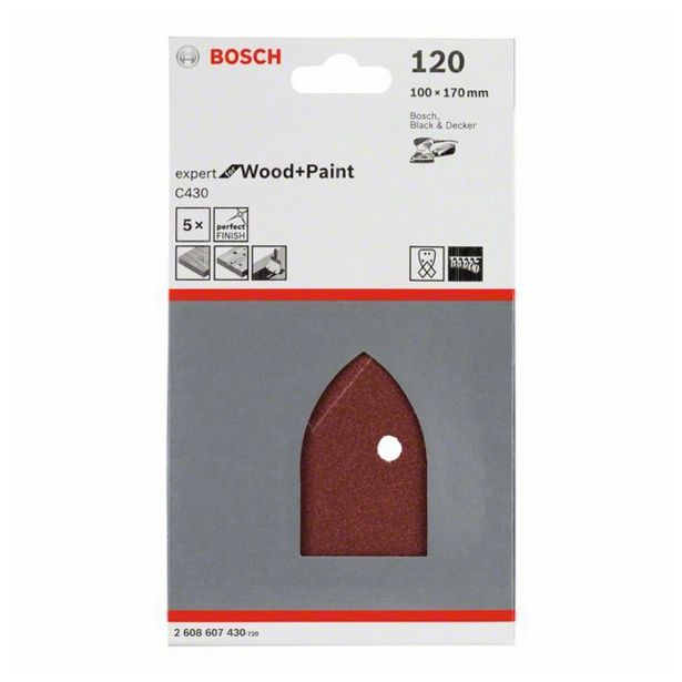 5-DELNI SET SAMOPRITRDILNIH BRUSNIH LISTOV BOSCH 95X135 MM K120 4 LUKNJE RDEČA BARVA ZA LES