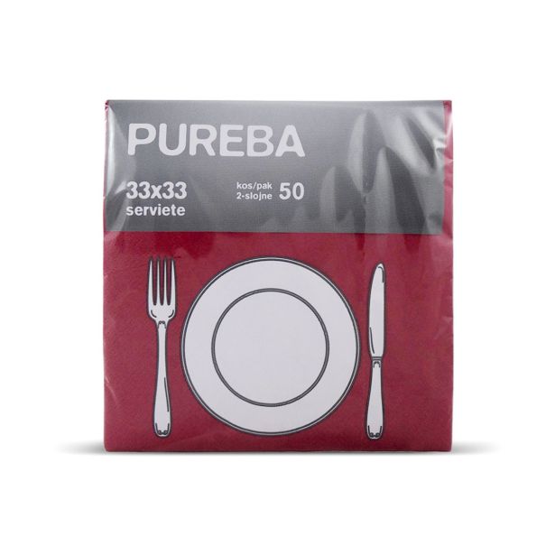 SERVIETE PUREBA 33X33 BORDO 2-SL.PUREBA 50 KOS/PAK