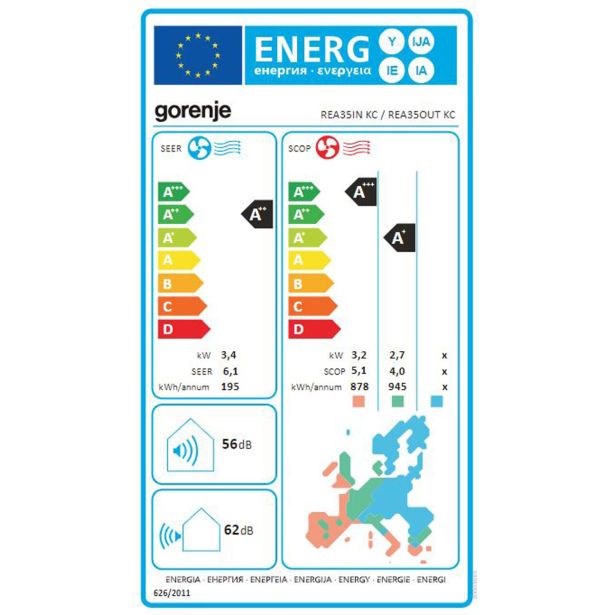 SPLIT ENOJNA INVERTER GORENJE REA 35 KC 3.4KW, NOTR+ZUN ENOTA