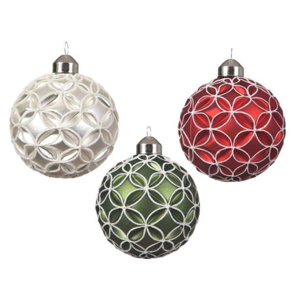 STEKLENA BUNKA DECORIS BELA/RDEČA/ZELENA Z BLEŠČICAMI FI 8 CM SORT