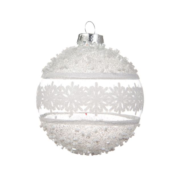 STEKLENA BUNKA DECORIS PROZORNA Z BELIM DEKORJEM FI 8 CM