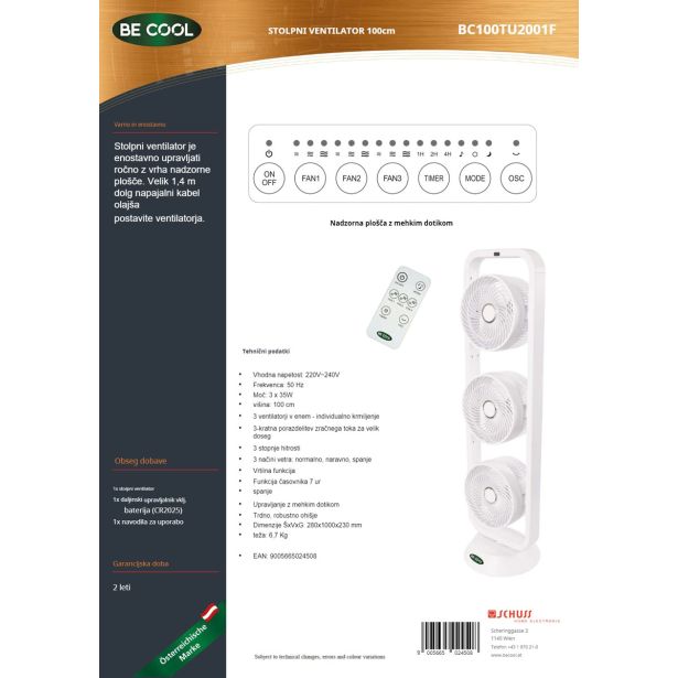 STOJEČI VENTILATOR BECOOL TRIPLEFAN 100 CM, 3X 35 W