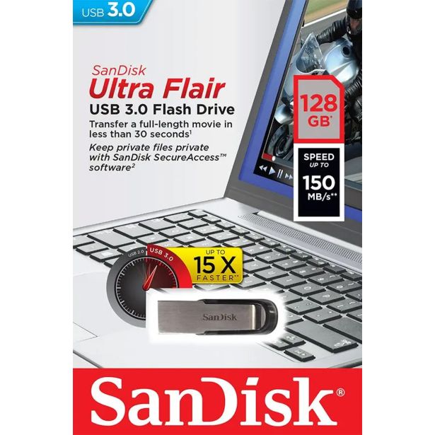 USB KLJUČ SANDISK 128GB ULTRA FLAIR 3.0 SREBRN, KOVINSKI, BREZ