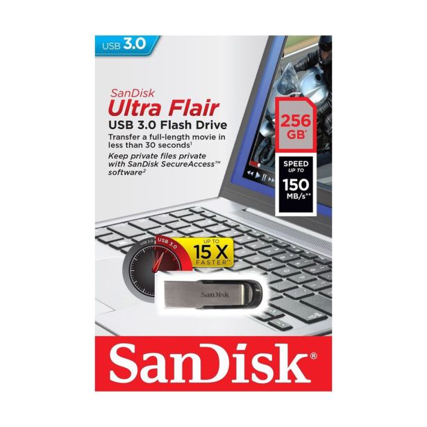 USB KLJUČ SANDISK 256GB ULTRA FLAIR 3.0 SREBRN, KOVINSKI, BREZ