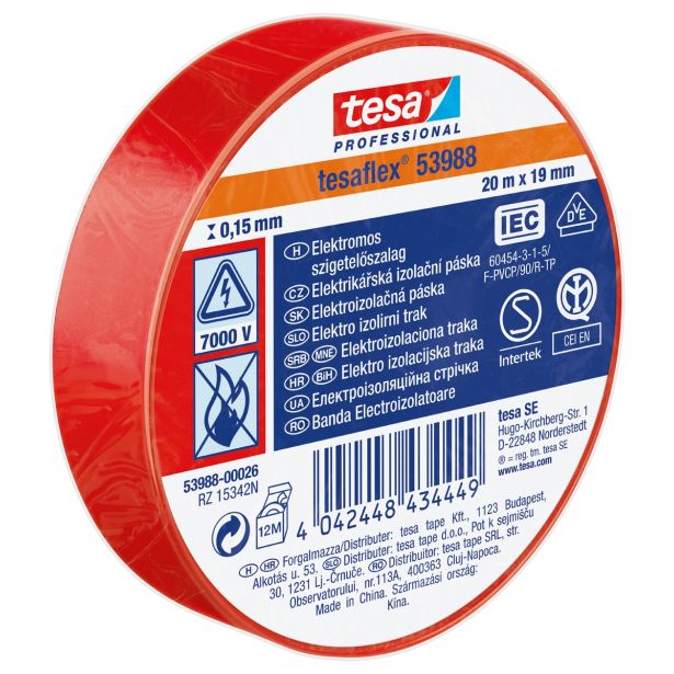 VEČNAMENSKI LEPILNI TRAK TESA ELEKTRO IZOLIRNI TRAK RDEČ 20MX19MM
