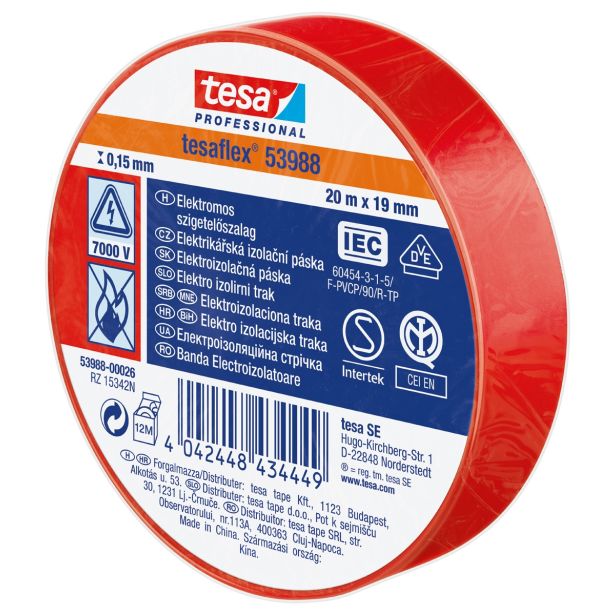 VEČNAMENSKI LEPILNI TRAK TESA ELEKTRO IZOLIRNI TRAK RDEČ 20MX19MM
