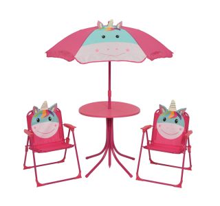 OTROŠKI KAMP STOL DECORIS OTROŠKI SET UNICORN MIZA, 2 STOLA, SENČNIK