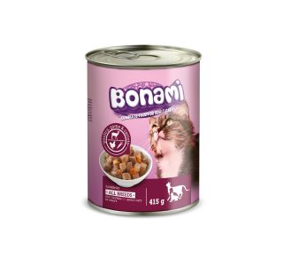 MOKRA HRANA ZA MAČKA BONAMI PLOČEVINKA DIVJAČINA & PERUT. & KORENJE, 415 G