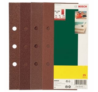 25-DELNI SET SAMOPRITRDILNIH BRUSNIH LISTOV BOSCH 93X230MM G60/80/120/240 8 LUKENJ RDEČA BARVA ZA LES