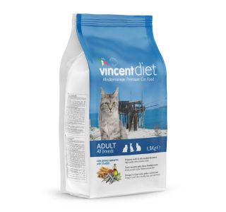 VINCENT DIET CAT ADULT ZA ODRASLE MAČKE, S PIŠČANCEM IN PLAVO RIBO 1,5KG